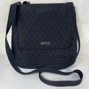 Vera Bradley Solid Black Messenger Handbag polka dot interior EUC